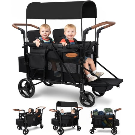Vomeast Upgrade Wagon Stroller for 2 Kids, 2-Seater Baby Stroller Wagon with Canopy, 5-Point Harness, Adjustable Handle(Black)