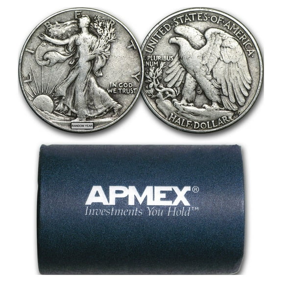 90% Silver Walking Liberty Halves $10 20-Coin Roll Avg Circ-Walma