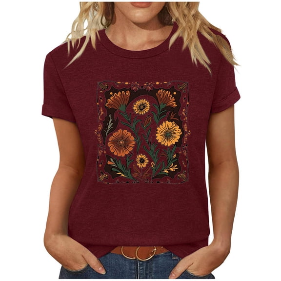 Njagoc3 Womens Elegant Wine Sunflower Print T-Shirt Soft Round Neck Short Sleeve Blouse