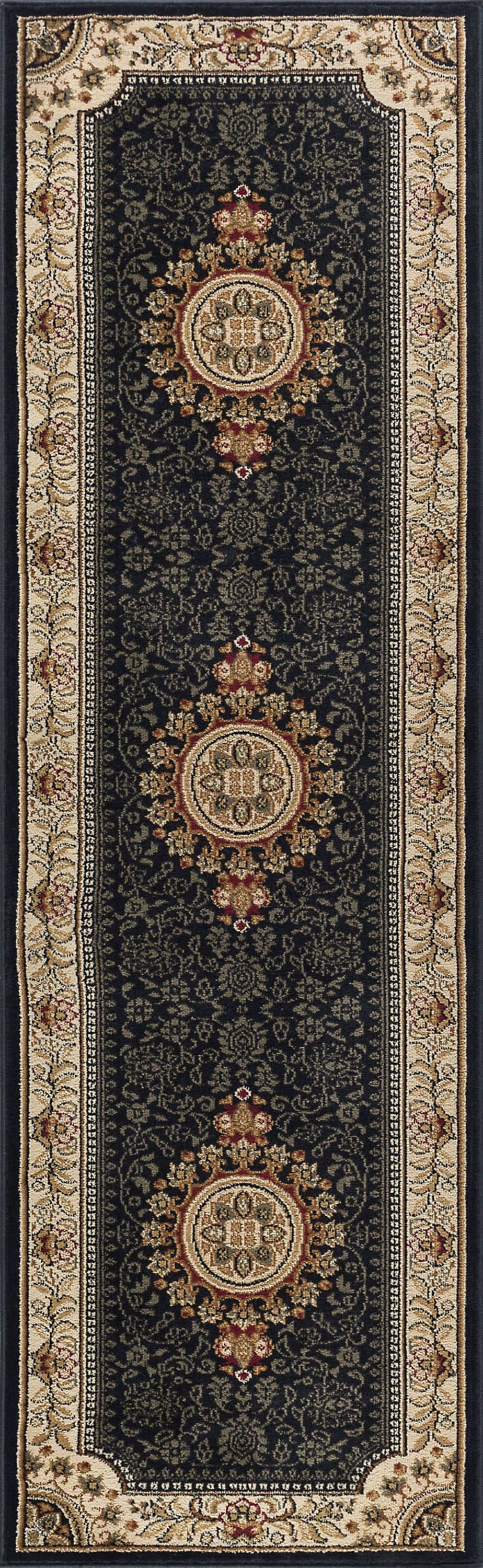 Sensation Traditional 2' x 7' Black and Beige Polypropylene Indoor Area Rug