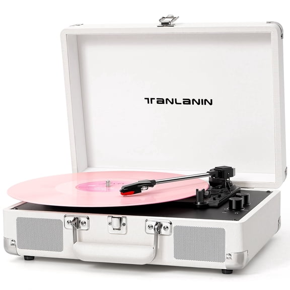 TANLANIN White Bluetooth Record Player with 3-Speed & Bass Treble Control