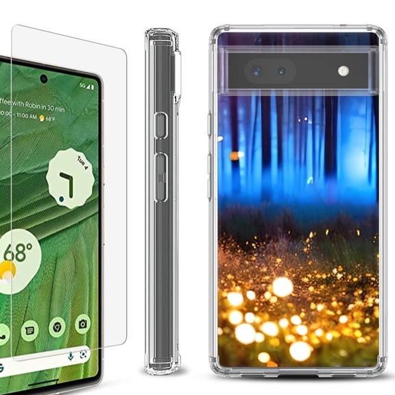 Shockproof Bumper Phone Case for Google Pixel 6a, with Tempered Glass Screen Protector, by OneToughShield ® - Fireflies