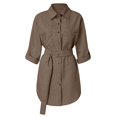 thumbnail image 3 of Women’s Trendy Shirt Roll Up Sleeve Button Down Shirt Dress Summer Curved Hem Business Casual Loose Belted Mini Dresses, 3 of 8
