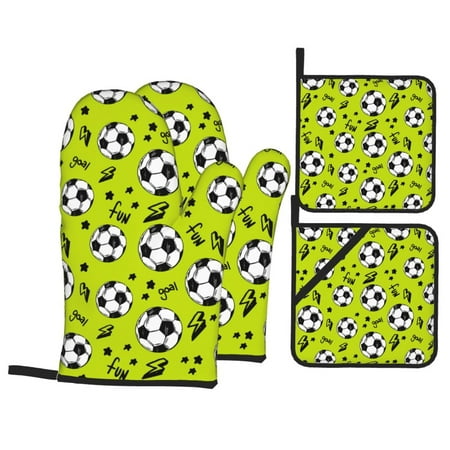 

Oven Mitts and Pot Holders Sets 4 pcs - soccer football star lightgreen Heat Resistant Silicone Oven Gloves with Non-Slip Silicone Surface and hot pads for kitchen Baking Cooking BBQ