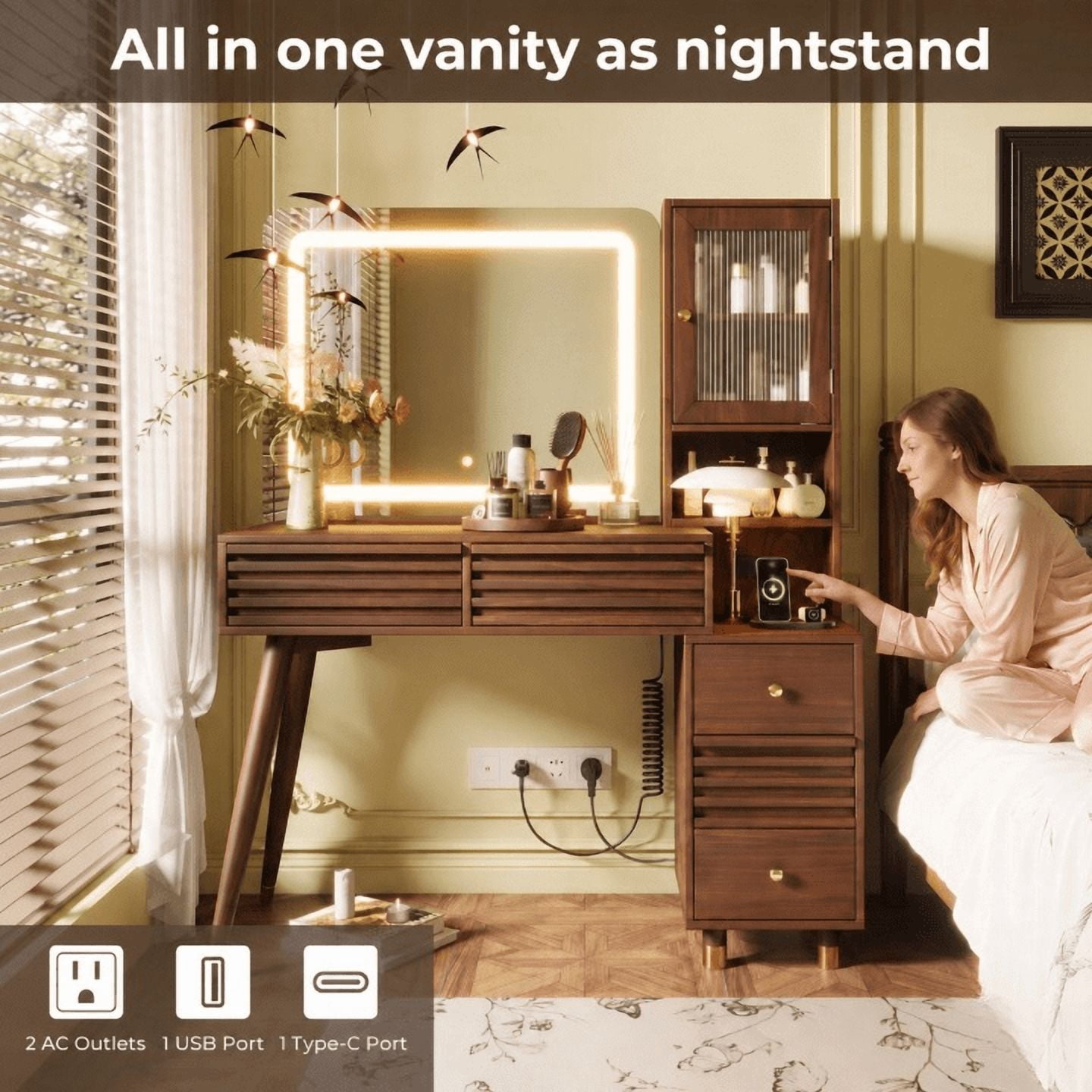 GARITIN Makeup Vanity Desk 45.9 Inch, Dressing Table with Mirror and LED Lights, 5 Drawers and Fluted Glass Storage Cabinet with Power Outlet, Espresso