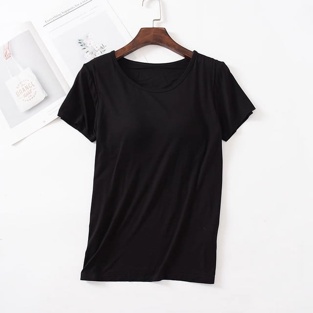 Camiseta de manga corta con almohadilla para el pecho Camiseta de base de una pieza de corte entallado con copa modal para mujer Top de mujer con cuello redondo Sujetador sin costuras