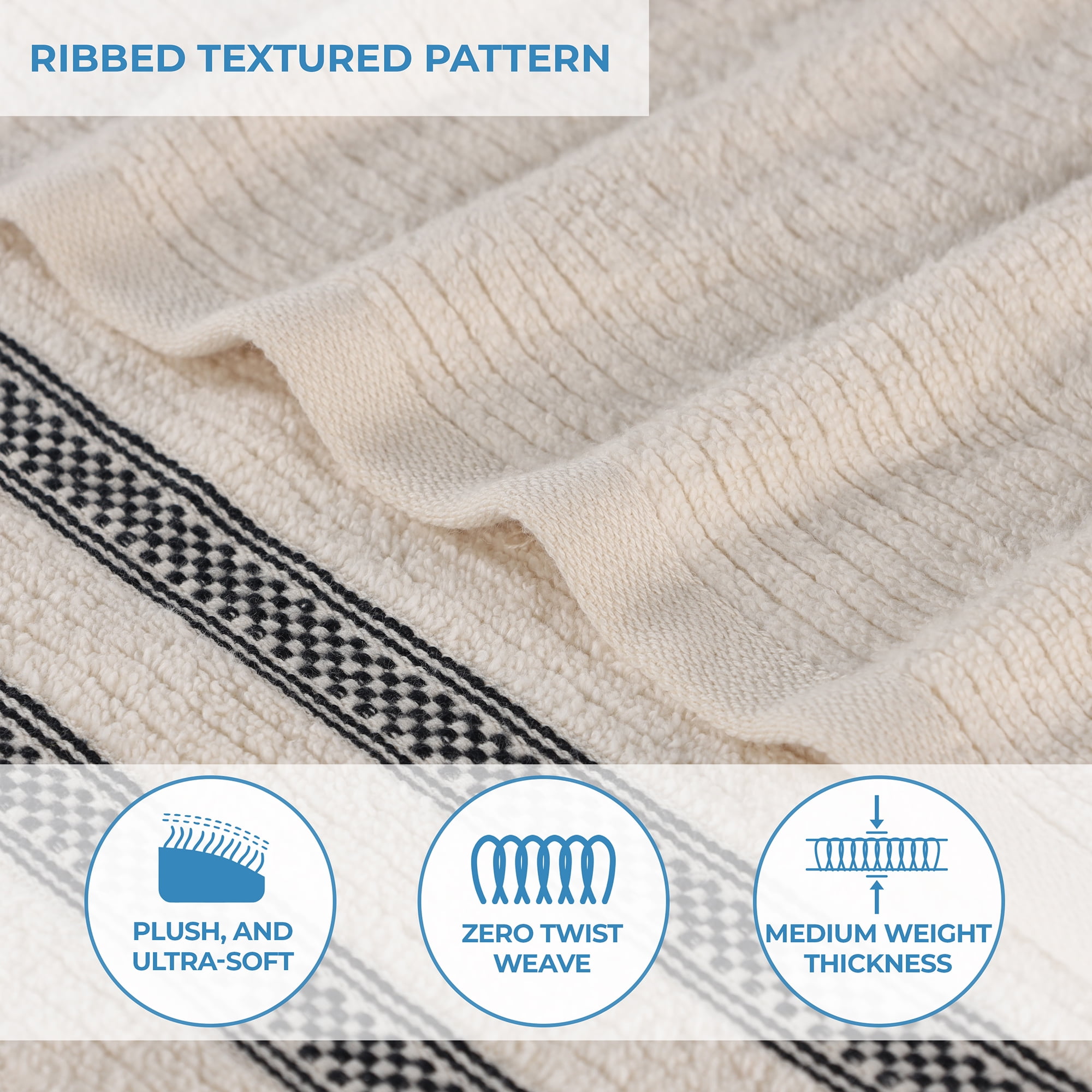 Superior Zero Twist Cotton Ribbed Geometric Hand Towel Set of 6, Ultra Soft Quick Dry, Ivory