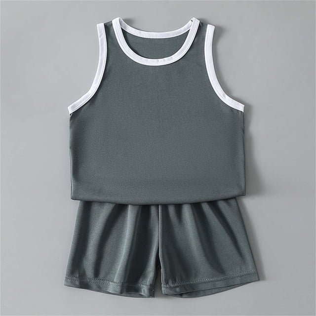 Conjuntos de camiseta sin mangas con cuello redondo para niños, camiseta sin mangas de color liso con cuello redondo y pantalones cortos con cintura elástica, conjunto de dos piezas de poliéster para