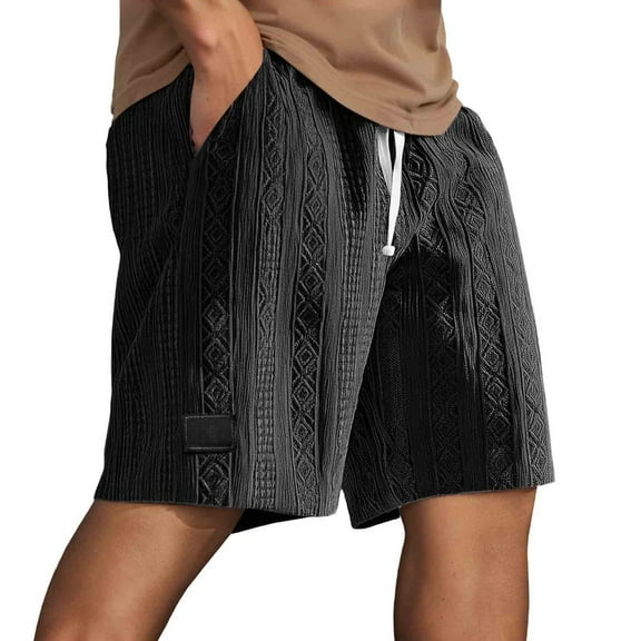 LIIPEE Men Casual Shorts Solid Color Loose Fit Elastic Waist Drawstring Jacquard Shorts With Pockets Male Breathable Vacation Shorts,Black,L