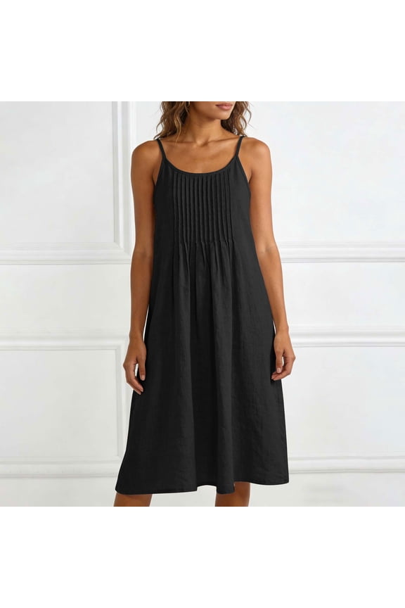 Midi Summer Dresses for Women Sleeveless 100 Cotton Solid Casual Square Neck Flowy Vacation Spring Ruffle Sundress L
