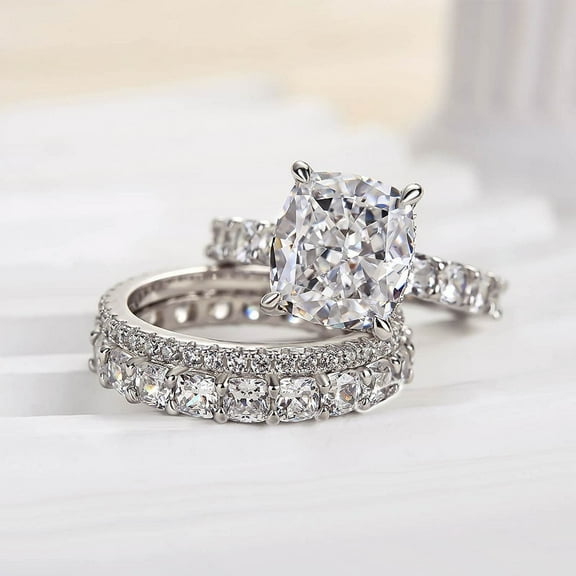 Veda Jewel 1.6 Ct Lab Created Diamond Wedding Engagement Ring Set - 14K White Gold Plated Cushion Cut Bridal Ring Set - Hidden Halo Ring Set with Band for Brides