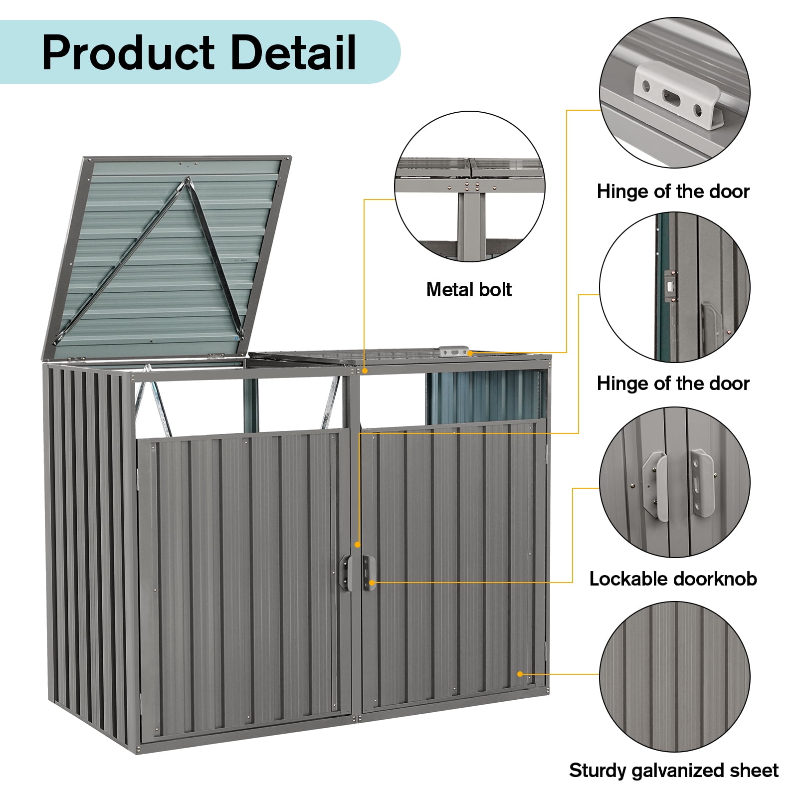 Trash Bin Storage Shed, Metal Outdoor Bin House for Double Garbage Can Storage Garden Yard Lawn, Grey