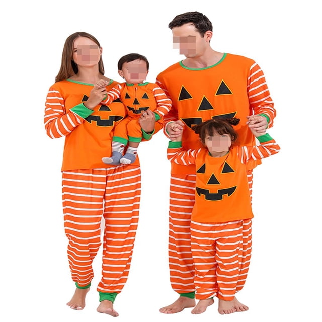 Halloween Family Matching Pajamas Set Adult Kids Baby Pumpkin Print Long Sleeve Tops+Stripes Pants Sleepwear Set