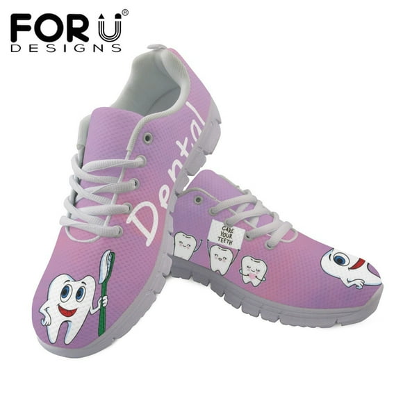 Cute Cartoon Tooth/Dentisit Pattern Women's Flat Shoes Casual Lace-up Sneakers Ladies Breathable Air Mesh Shoes