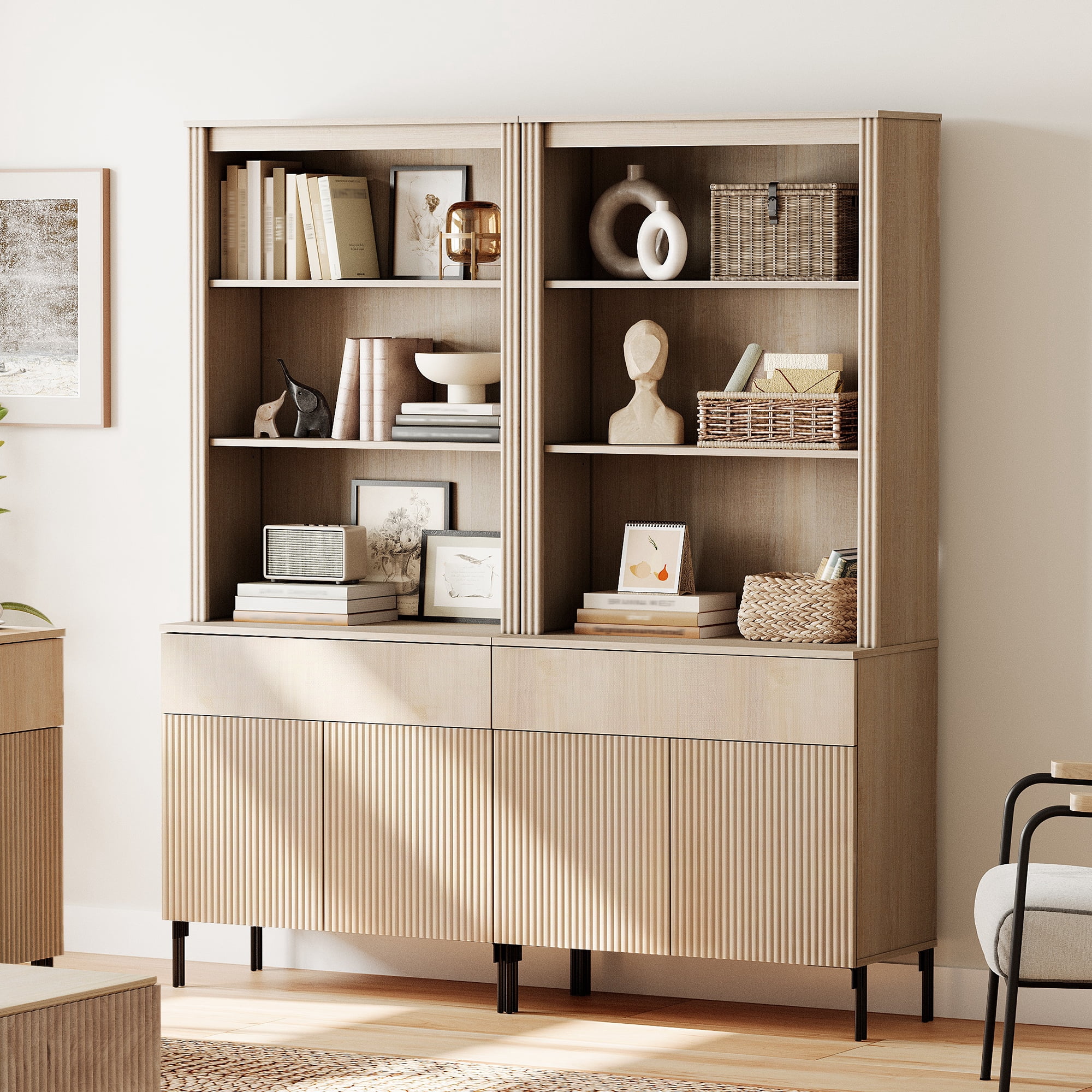 71.6"H X 60.4"W Set Of 2 Bookcase with Storage Cabinets, 10 Tier Bookshelf with Fluted Doors and Drawers, Large Modern Display Cabinet For Living Room Bedroom Home Office Kitchen