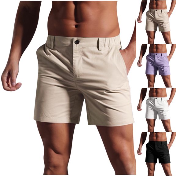 WWV Men Shorts Summer Elastic Waist Pocket Button Shorts Solid Color Casual Comfy Loose Fit Beach Travel Pants Black L