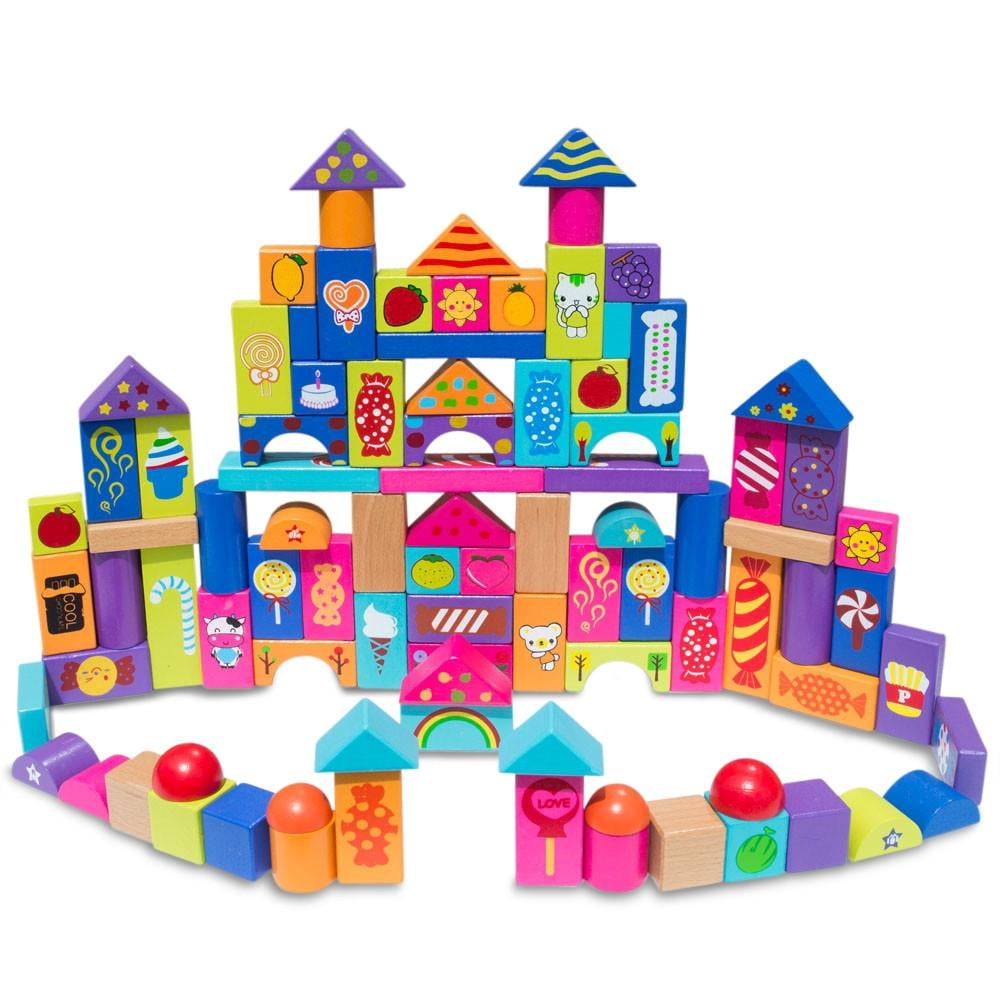 Hardwood Plain & Colored Wood Block for Boys & Girls Includes Carrying Container 100 Pcs Pidoko Kids Wooden Building Blocks Set