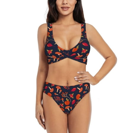 Zeuib Autumnal Forest High Waisted Tummy Control Bikini Set - Knot Front Push Up Top & Cheeky Thong Bottom  Two-Piece Swimsuit for Women-Small