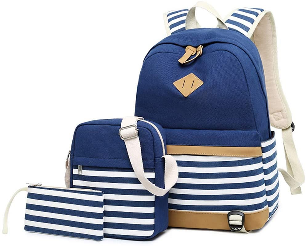blue and white striped canvas backpack