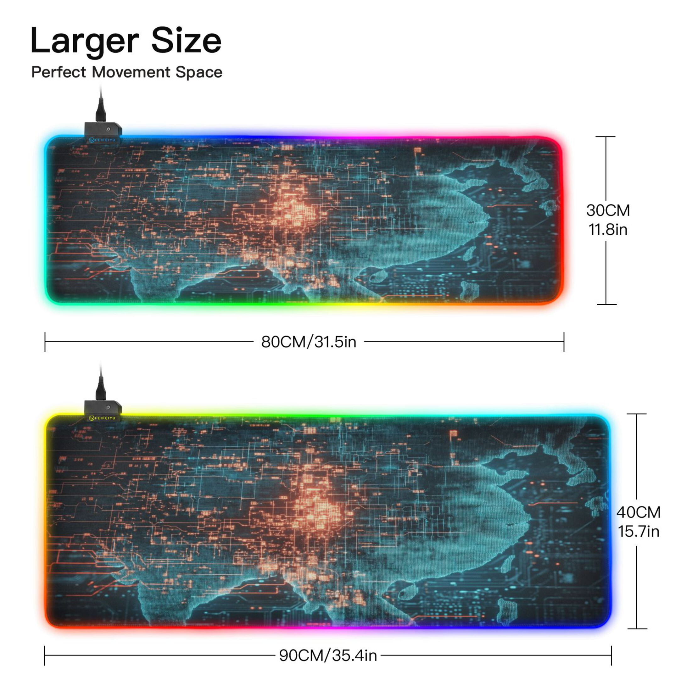 Large RGB Gaming Mouse Pad Led Glowing Mousepad Non-Slip Rubber Base 13 Light Modes 35.4x15.7 Digital Map