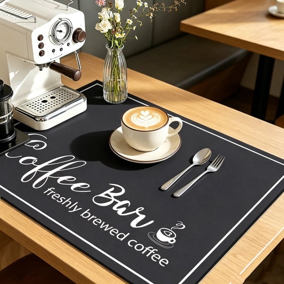 RYLZX 12x20in Absorbent PU leather Coffee Mat, Fashion Dish Drying Mat for Kitchen Counter Coffee Bar Accessories Espresso Machine Dish Rack Black