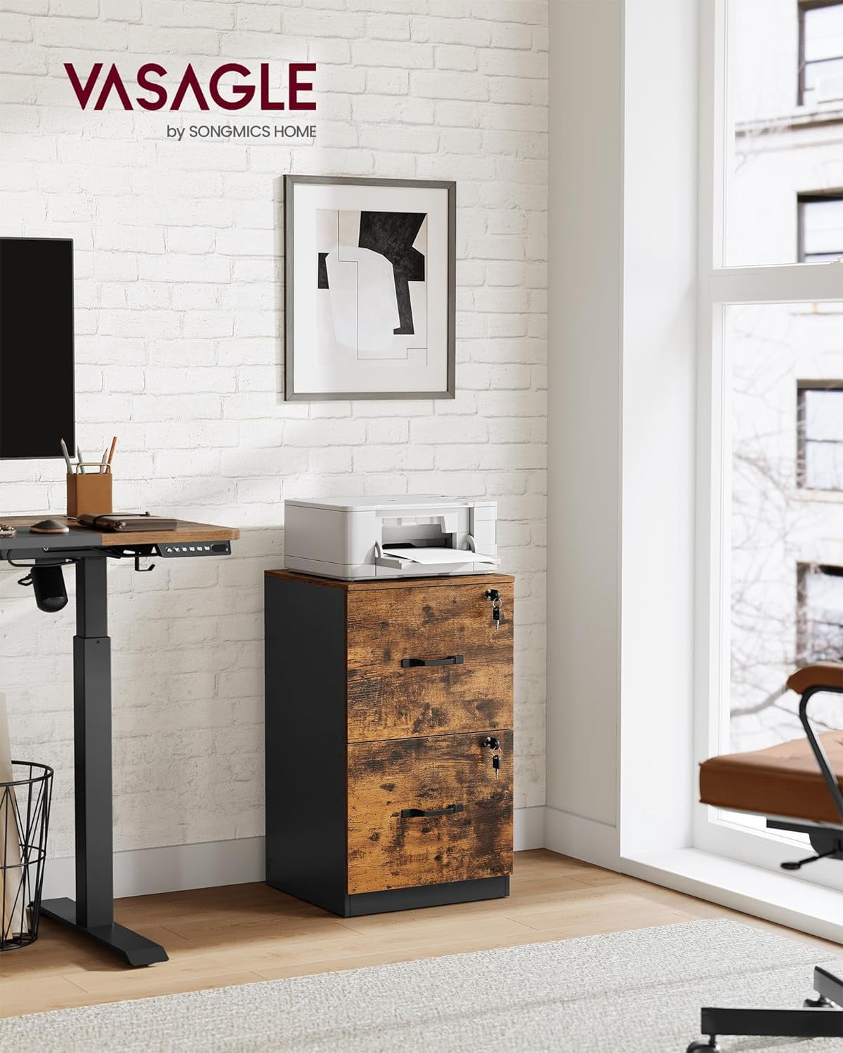 VASAGLE 2-Drawer Vertical File Cabinet Filing Cabinet Printer Stand Adjustable Hanging Rail for A4 and Letter-Size Files Rustic Brown