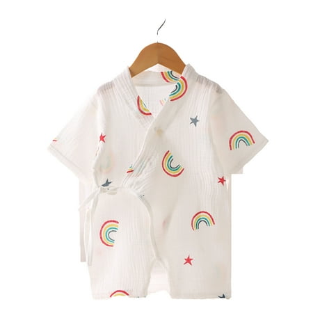 Newborn Girls Bodysuit Infant Boys Outfits Spring Summer Japanese Kimono Floral Printed Tie V-Neck Comfortable Short Sleeve Leisure Kid s Romper Cloth Set for 12-18 M