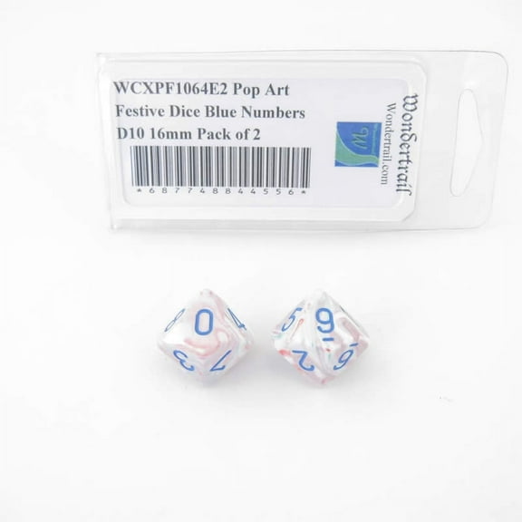Pop Art Festive Dice with Blue Numbers D10 Aprox 16mm (5/8in) Pack of 2 Wondertrail
