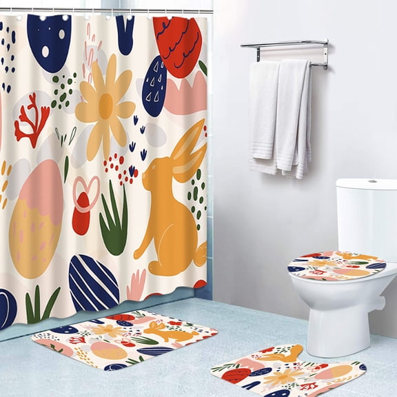 Taotanxi 4 Pcs Easter Bunny Shower Curtain Sets 71 X 71 Inches Non Slip Rugs Toilet Lid Cover Bath Mat And 12 Hooks Easter Bathroom Shower Curtain for Bathroom Spring Decorations Farmhouse Home Decor