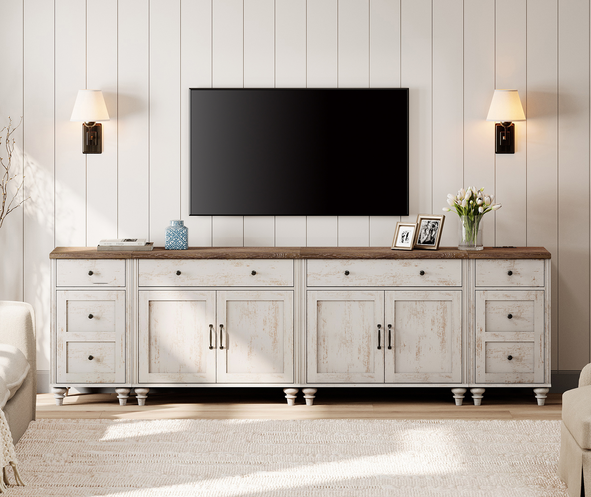 WAMPAT TV Stand for 100 Inch TV, 4-in-1 TV Console Table for 75/80/85/90 Inch TV, Farmhouse Entertainment Center with Charging Station, Kitchen Sideboard Buffet Cabinet for Dining Room, Rustic White