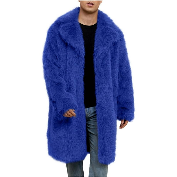 Kalauyu Men's Faux Fur Coat Winter Long Faux Coat Fluffy Thick Trench Coat for Men
