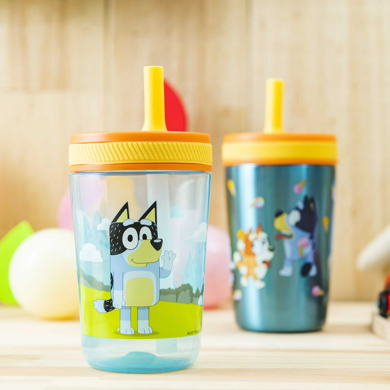 Zak Designs Bluey Kelso Tumbler Set, 15 fl.oz. Leak-Proof Screw-On Lid with Straw, Bundle for Kids Includes Plastic and Stainless Steel Cups with