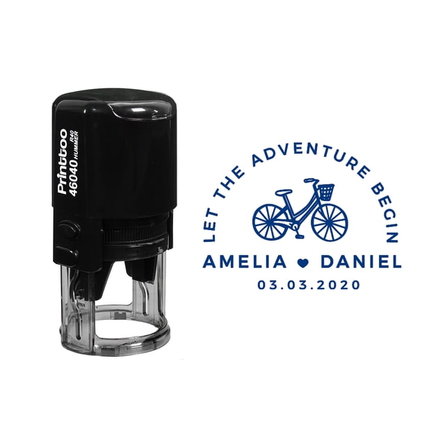 Printtoo Personalized Blue Self Inking Wedding Favor Rubber Heavy Duty Stamp Let The Adventure Begin Round Custom Stamper-40 mm