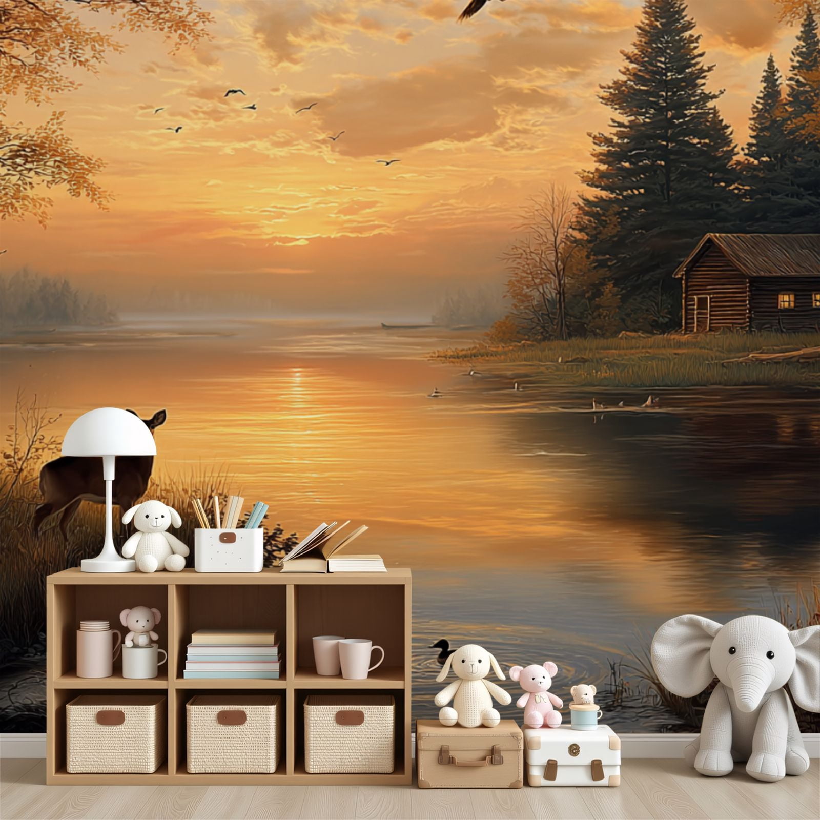 Wallpaper Animal Deer Vintage Wildlife Rustic Duck Cabin Sunset Peel and Stick Wall Murals 69"H x 96"W Removable PVC Wall Paper Self-Adhesive Wall Paintings Art Decor for Bedroom Living Room