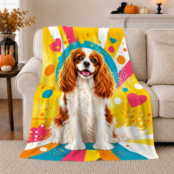 Cavalier Charles Spaniel Pop Art, Festive autumn celebration Scene, Warm Flannel Blanket for Living Room and Bedroom with Detailed Artwork, Animal Lovers Christmas Gift, Festive Home Decor
