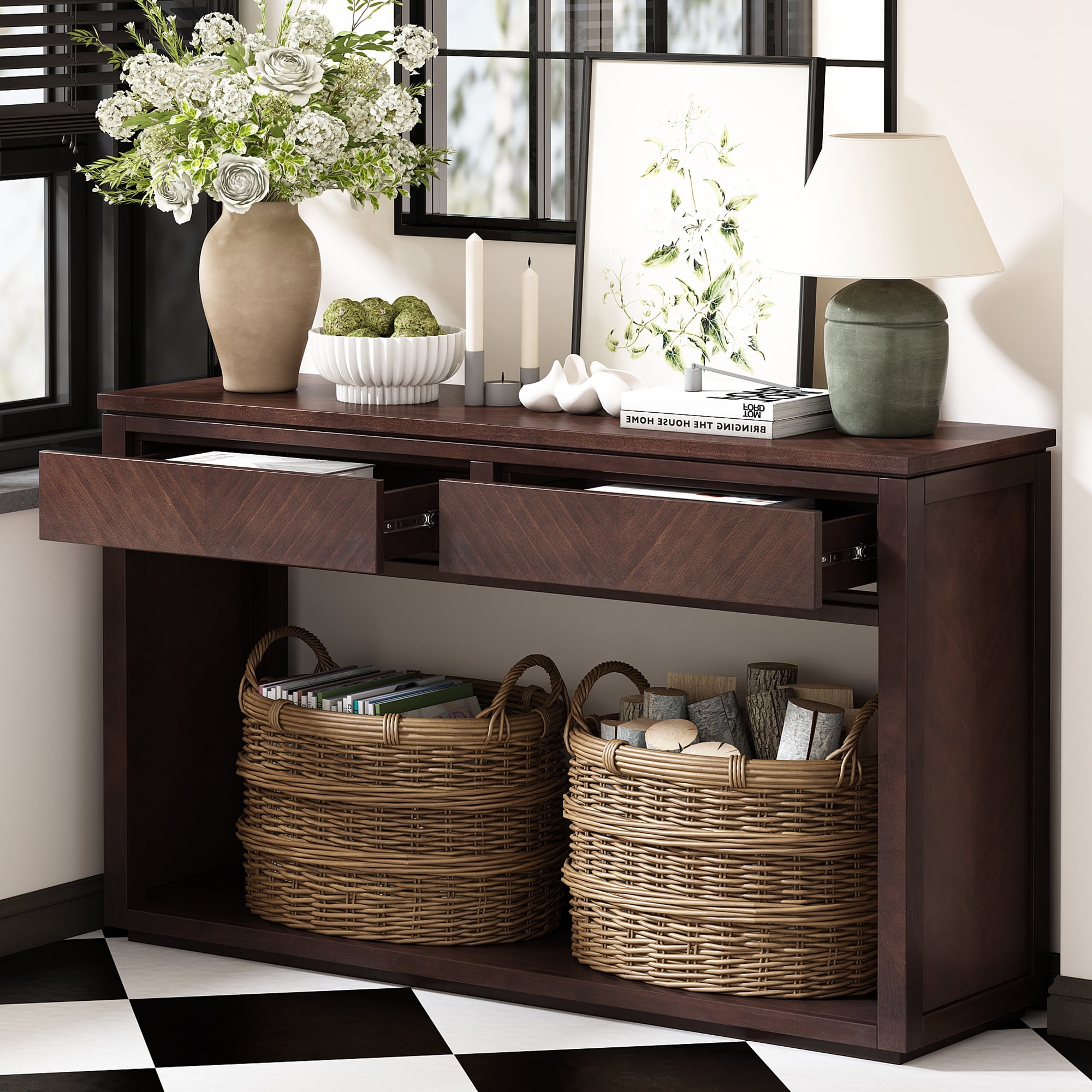 EUROCO 55" Long Console Table with 2 Drawers,Wooden Entryway Table with Open Storage Shelf, Sofa Table Behind Couch Foyer Tables for Living Room Hallway Entrance,Espresso