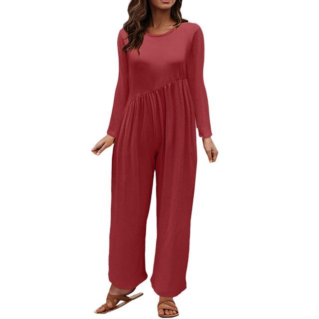 GYUJNB Combinaison pour Femmes Combinaison Unie Col Rond avec Ceinture et Poches Combinaisons Habillées pour Femmes, Noir, TG