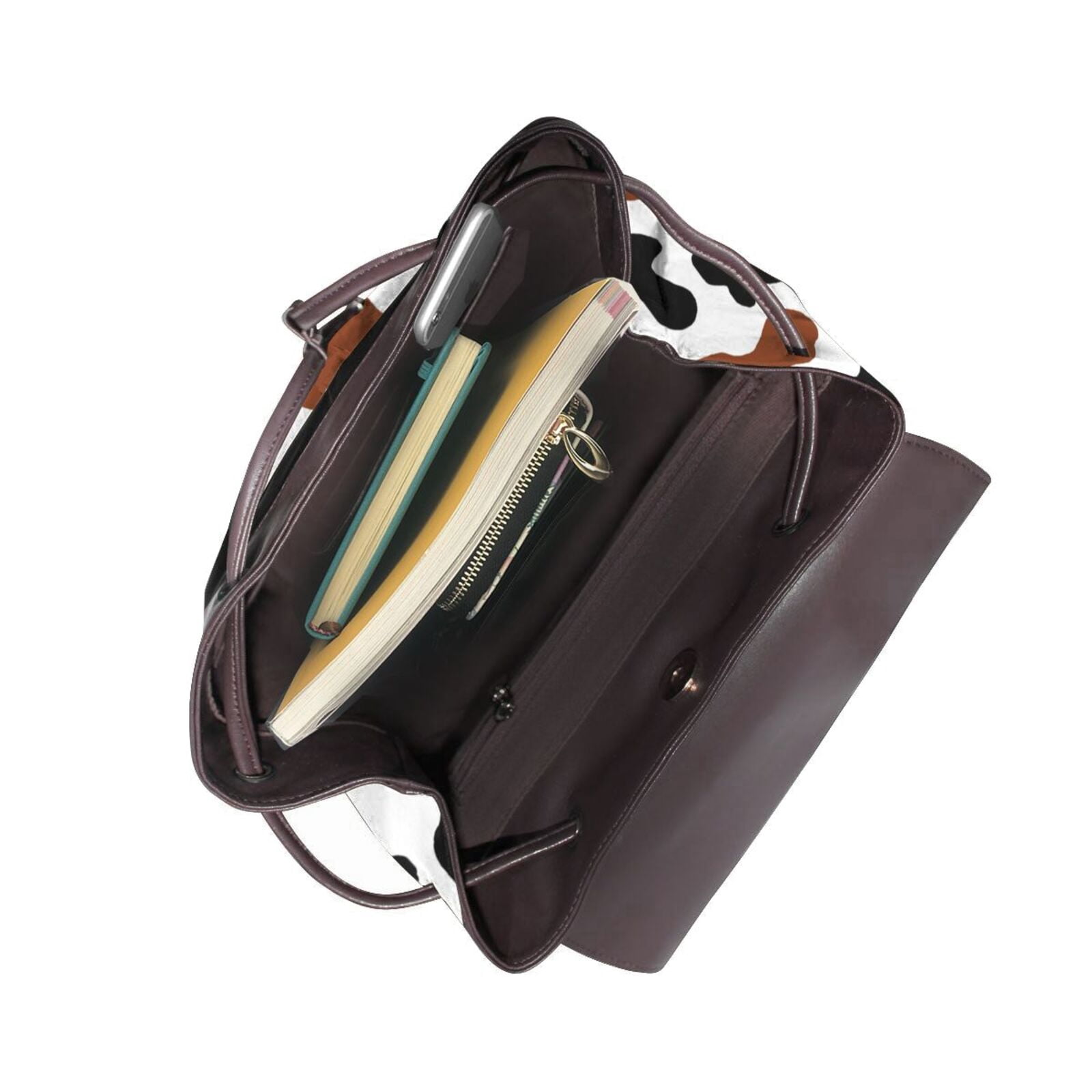 Xecao Brown Black Cow Print Large Backpack Soft Leather for Women Travel with Compartment, Adjustable Convertible Strap