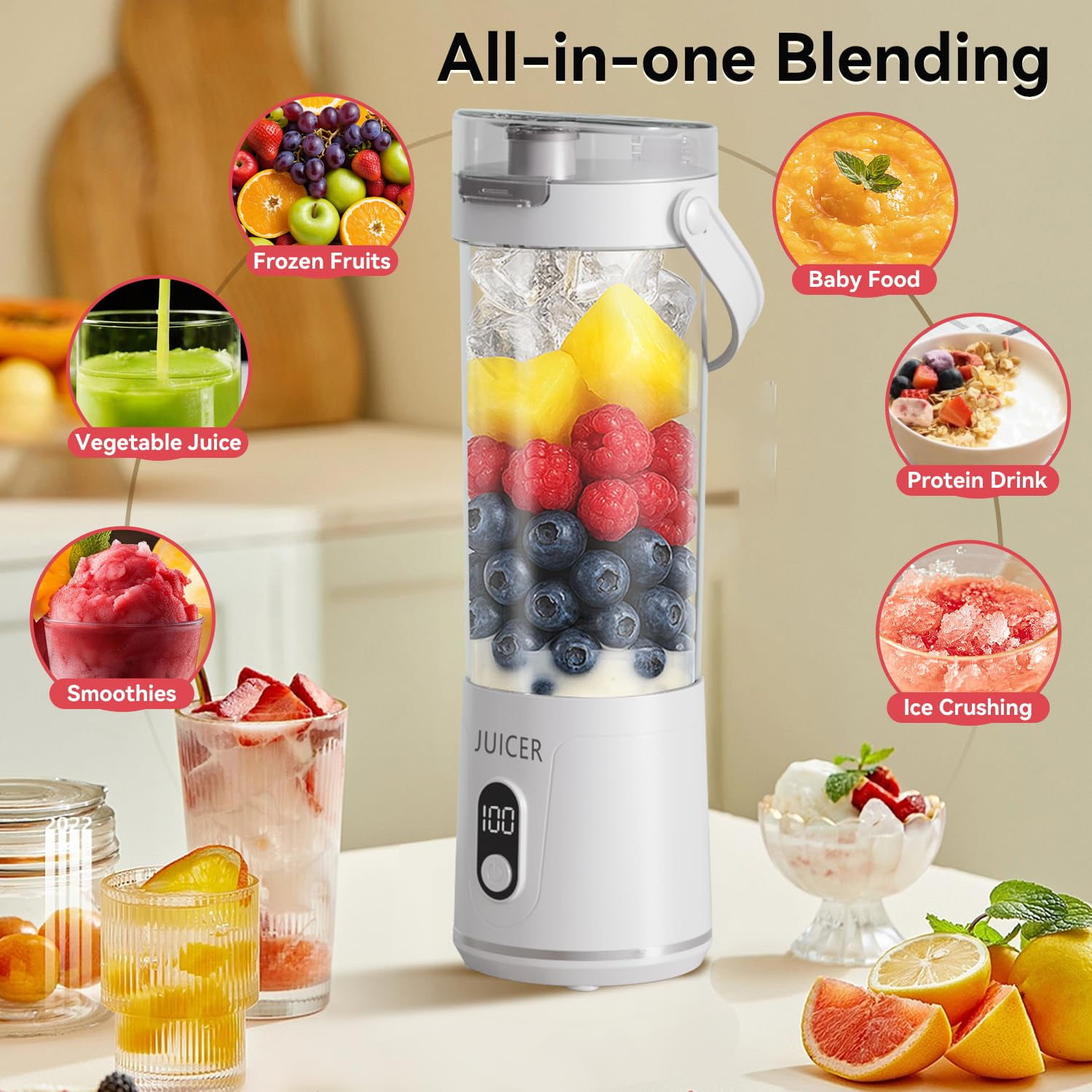 White Portable Cordless Smoothie Blender, USB Rechargeable Personal Juicer with Leakproof Lid & Sip Spout, Self-Cleaning Mixer for Shakes