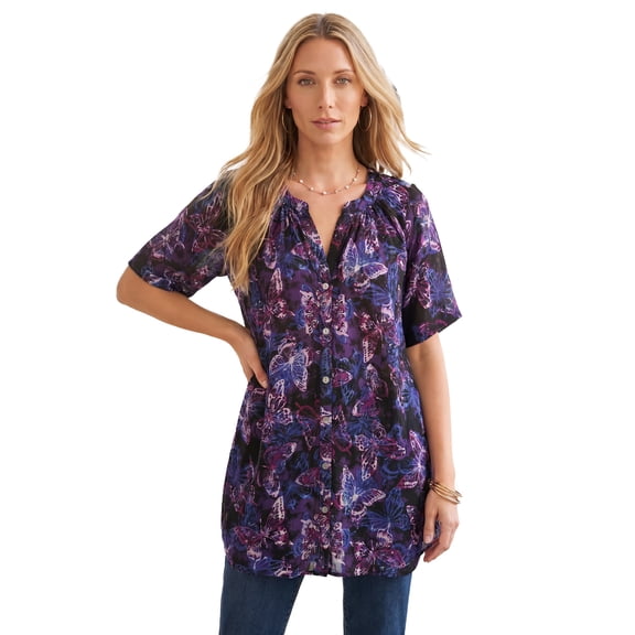 Roaman's Women's Plus Size Angelina Crinkle Crepe Y-Neck Short Sleeve Tunic