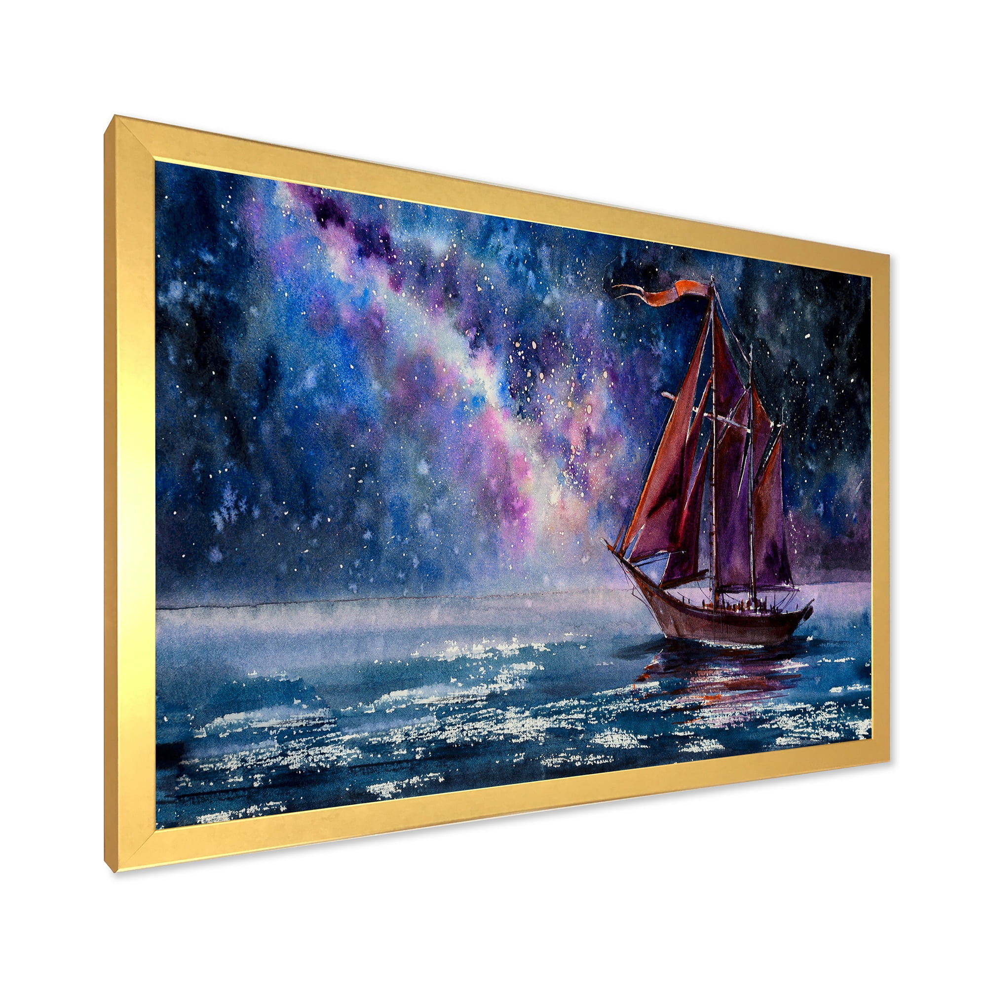 Designart 'Red Sails & Bright Night Sky With Wooden Sailboat' Nautical & Coastal Framed Art Print