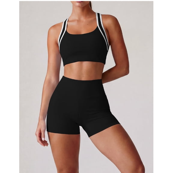 PISONIC Women 2 Piece Color Block Workout Set, Double Strap Racerback Sports Bra & High Waist Butt Lifting Biker Shorts, Summer Breathable Yoga Gym Activewear Outfit