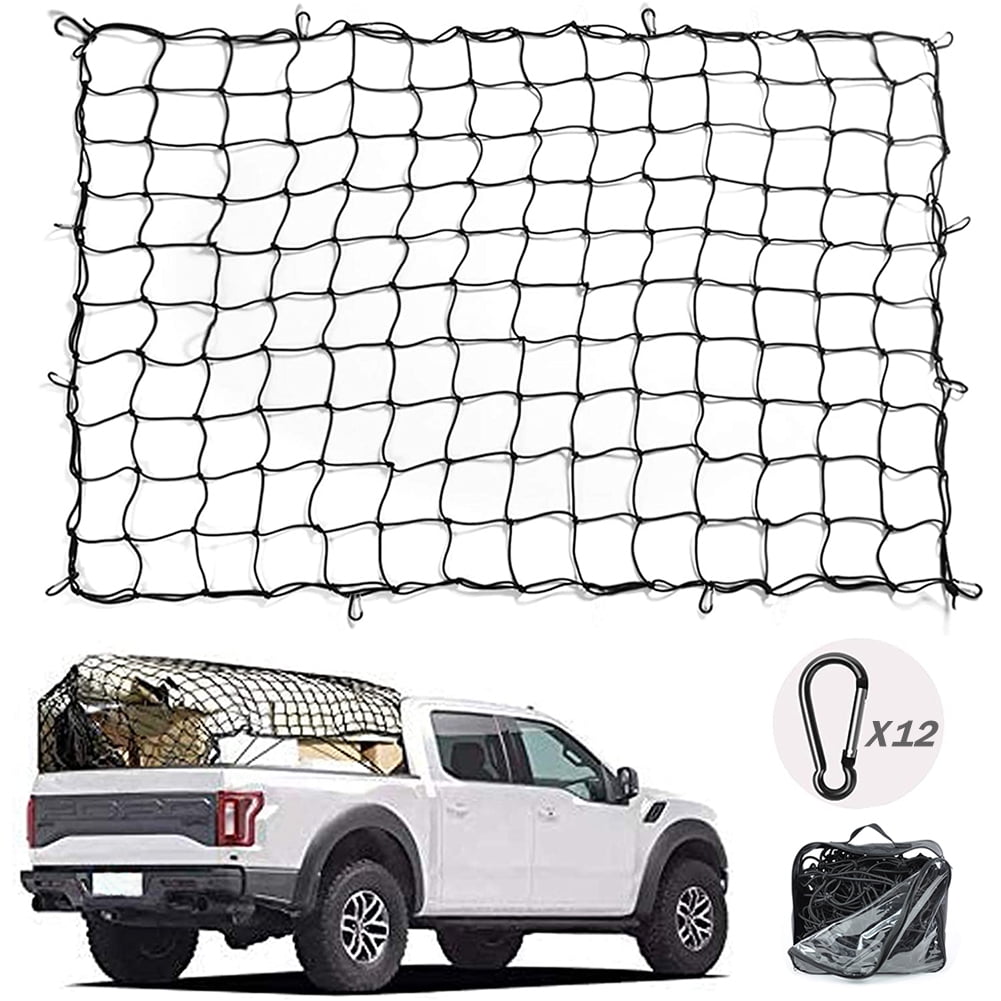 3.3 Luggage Fixed Strap Rope Red 3x4 Super Duty Cargo Net Bungee Net Stretches to 8 x 11 4x4 Grid Holds Loads Tighter for Pickup Truck Bed,SUV 12 Steel Carabiners+12 Hooks 