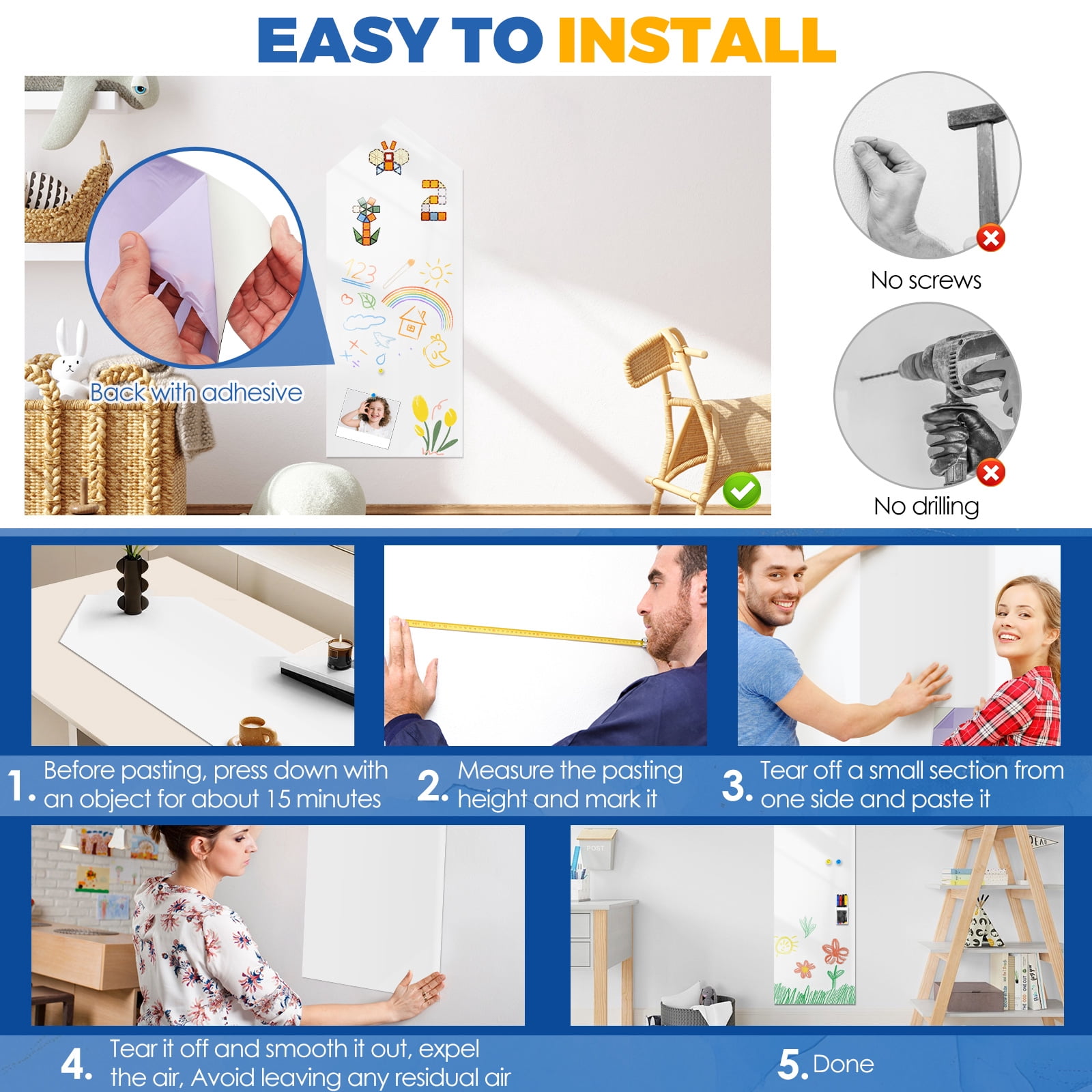 Threns Magnetic Whiteboard Contact Paper 39" x 16" Adhesive Magnetic Dry Erase White Board Sticker for Wall, Peel and Stick Wallpaper, Easy to Write and Clean for Playroom Office