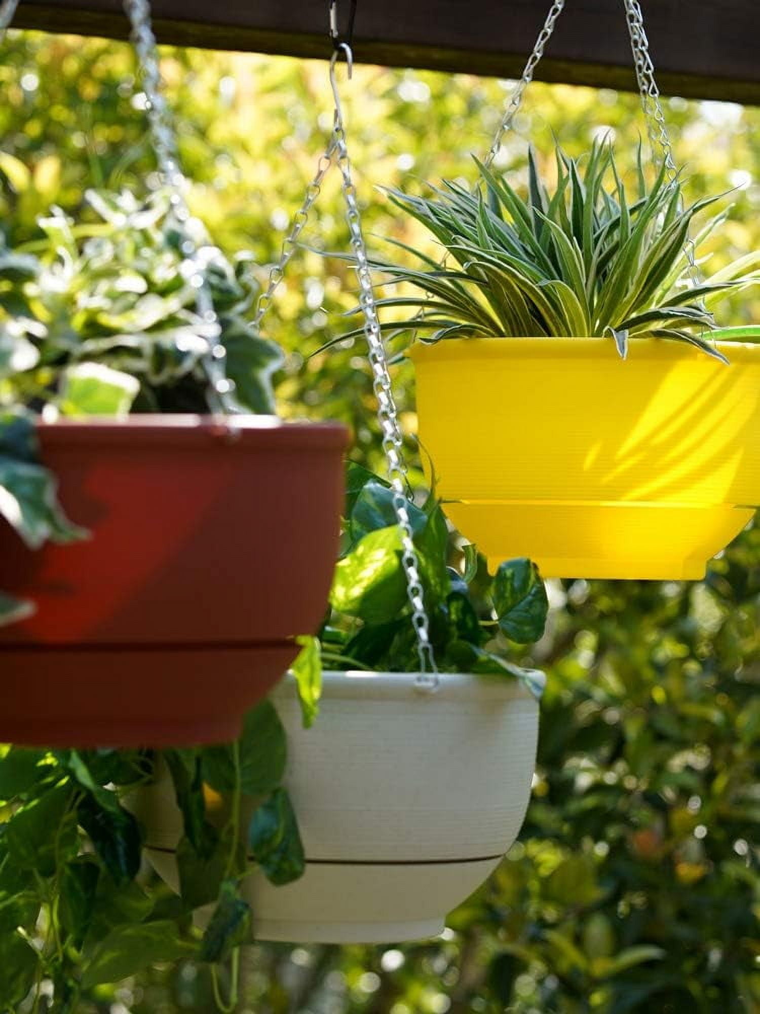 Plastic Hanging Planter Self Watering Basket Flower Pot with Detachable Base for Home Garden Office Decoration, 9.3" Dia Brownish Red
