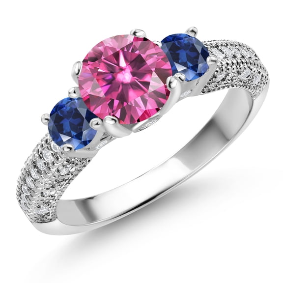 Gem Stone King 925 Sterling Silver Pink Moissanite Blue Created Sapphire and White Moissanite Engagement Ring for Women (1.78 Cttw, Gemstone, Round 7MM and 4MM, Size 9)