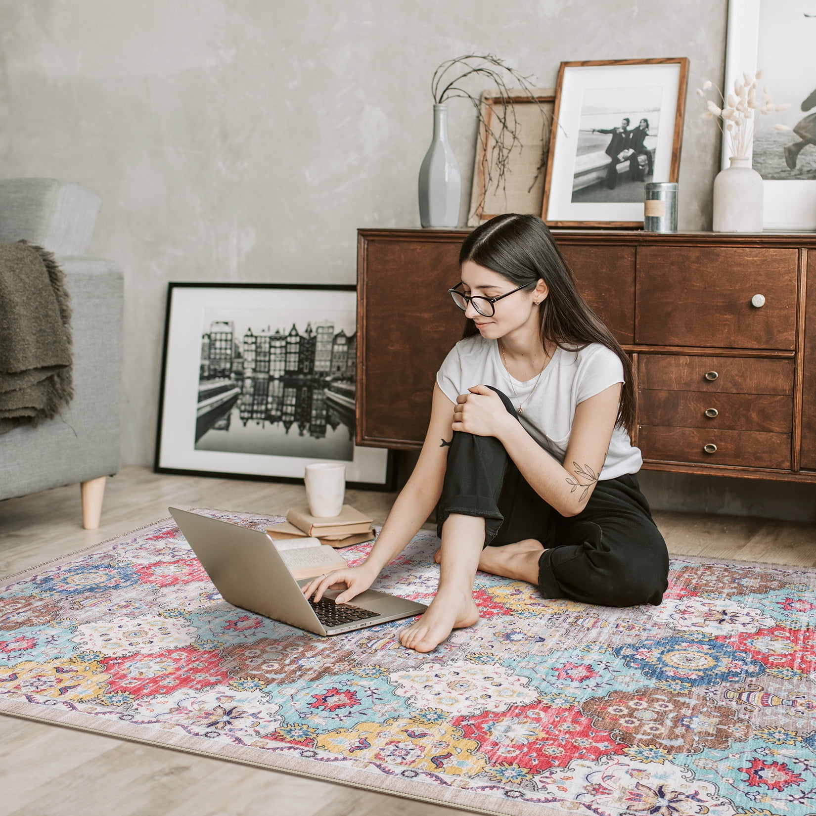 Toyoso 3x5 Area Rug Living Room Rugs - Washable Vintage Floral Soft Thin Large Rug Indoor Floor No Slip Rug Carpet for Bedroom Under Dining Table Home Office Decor - Multi Red