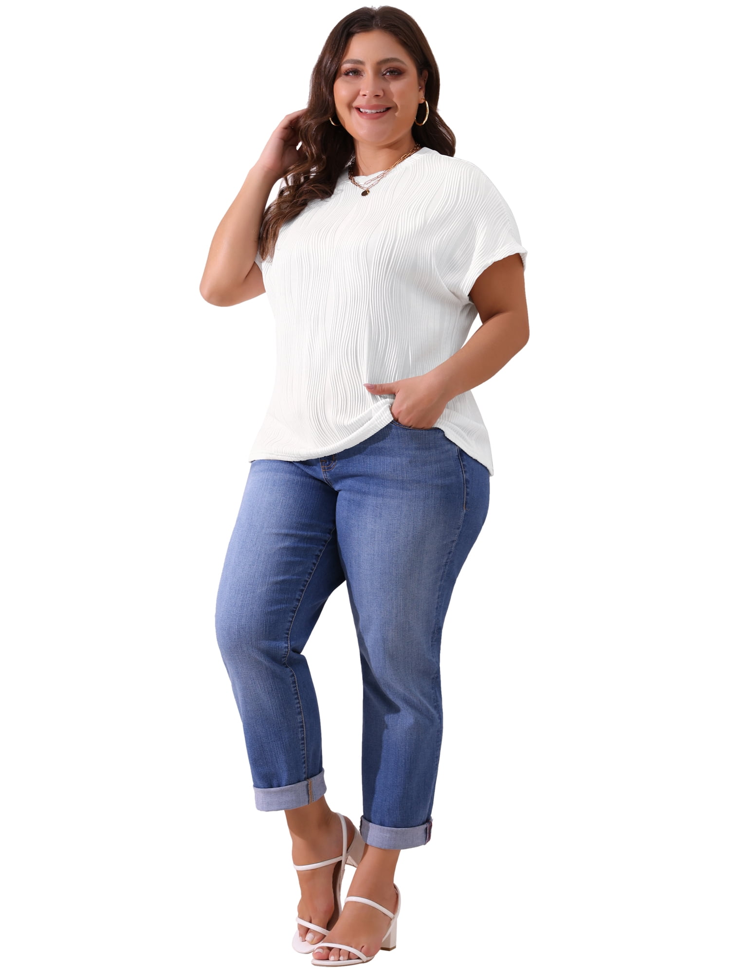 Women's Plus Women's Short Sleeve Textured Tops Crewneck Casual T Shirts 1X White