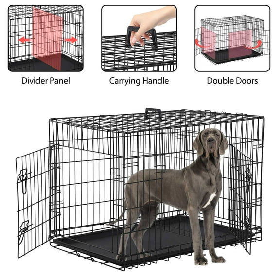 YRLLENSDAN 48 inch Dog Crate, Dog Crates and Kennels for Big Dog Foldable Large Dog Crate for Large Dogs with Handle Double-Door Outdoor Metal Wire Dog Cage with Plastic Tray for Medium Dogs, Black
