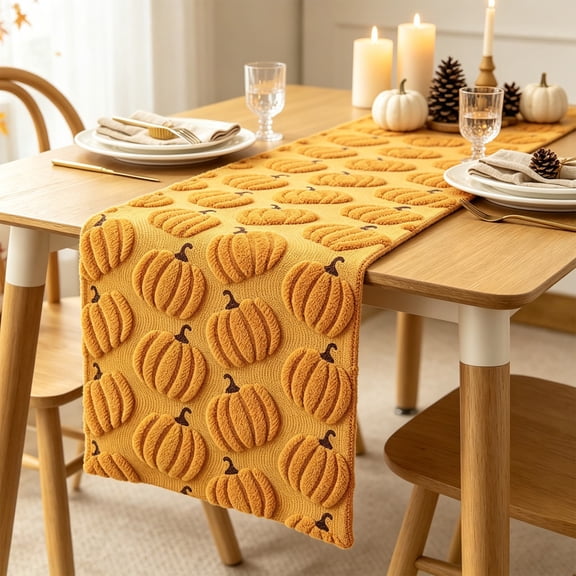Embroidered Pumpkin Table Runner for Thanksgiving Dining Decor, Harvest Table Cover for Kitchen Home Centerpiece Yellow